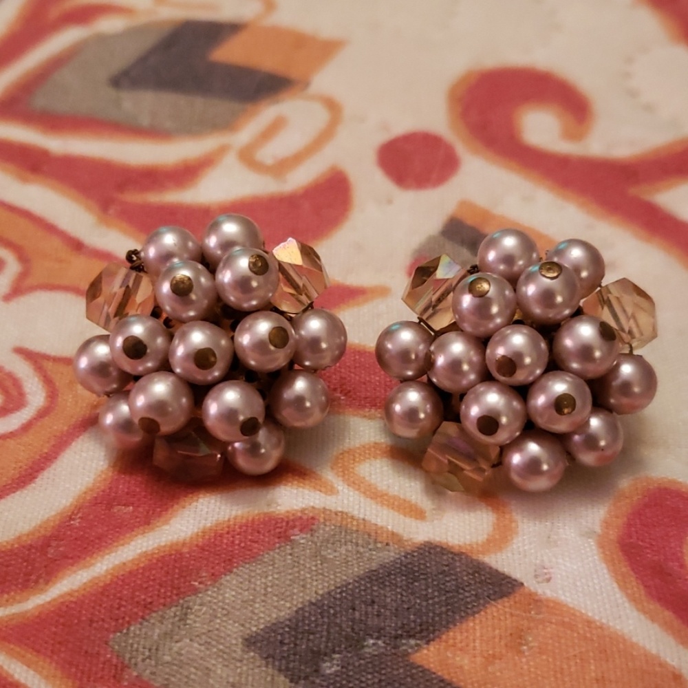 Vtg champagne pearl & crystal clip ons